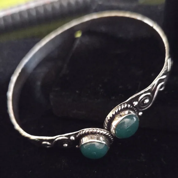 NWOT Natural Green Onyx and Silver Adjustable Cuff Handmade Bangle Bracelet - Picture 3 of 5